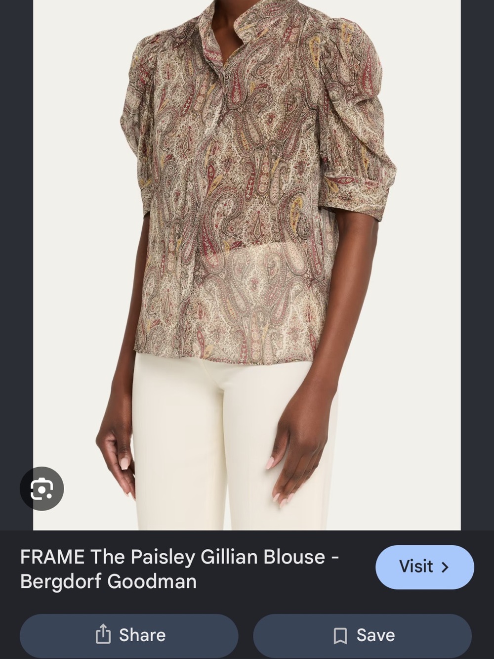 Frame Denim Paisley Puff-Sleeve Blouse in Cream, Brown and Muted Red